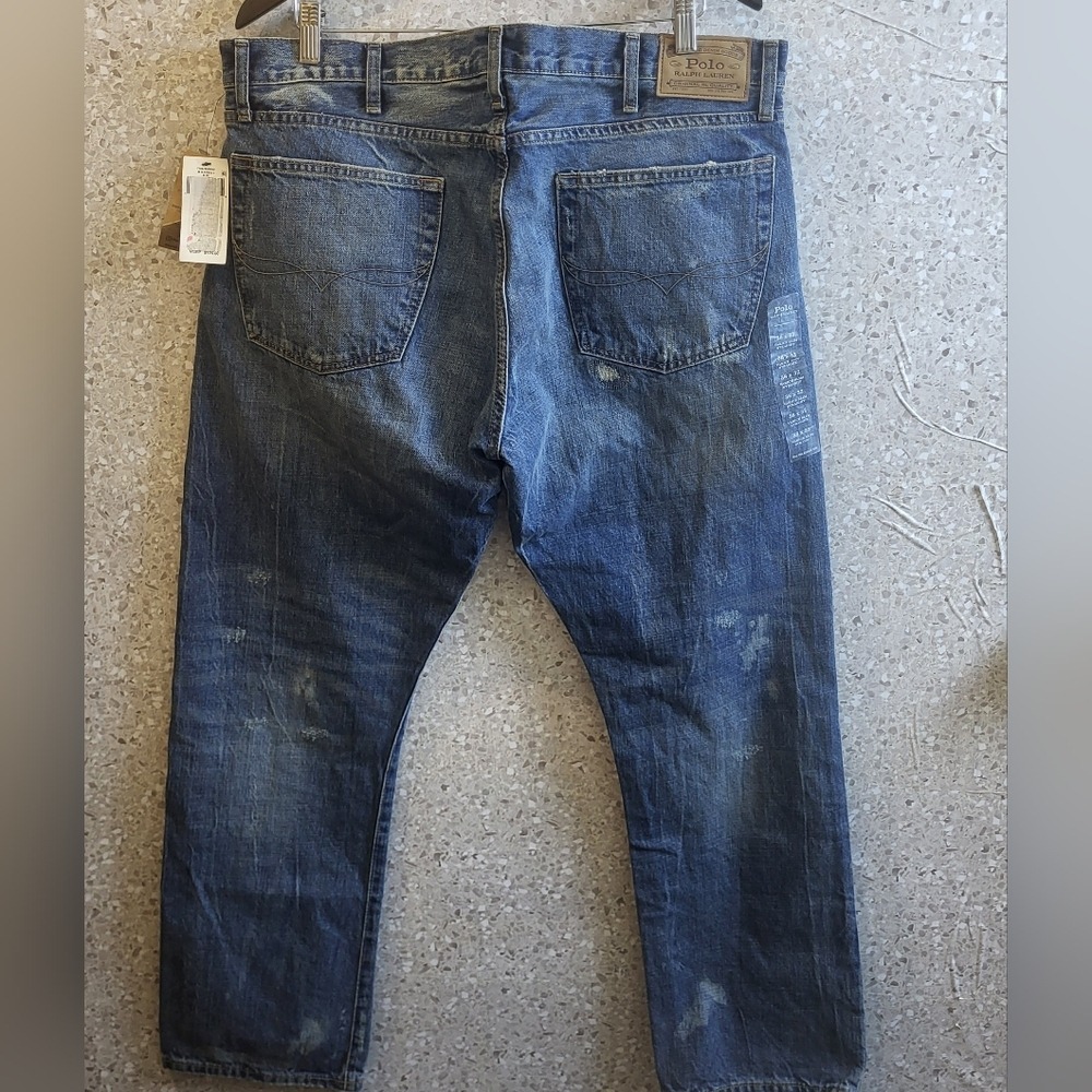 Polo Ralph Lauren Varick Slim Straight Mens Jeans 38x32 Medium Wash Distressed - Picture 14 of 14